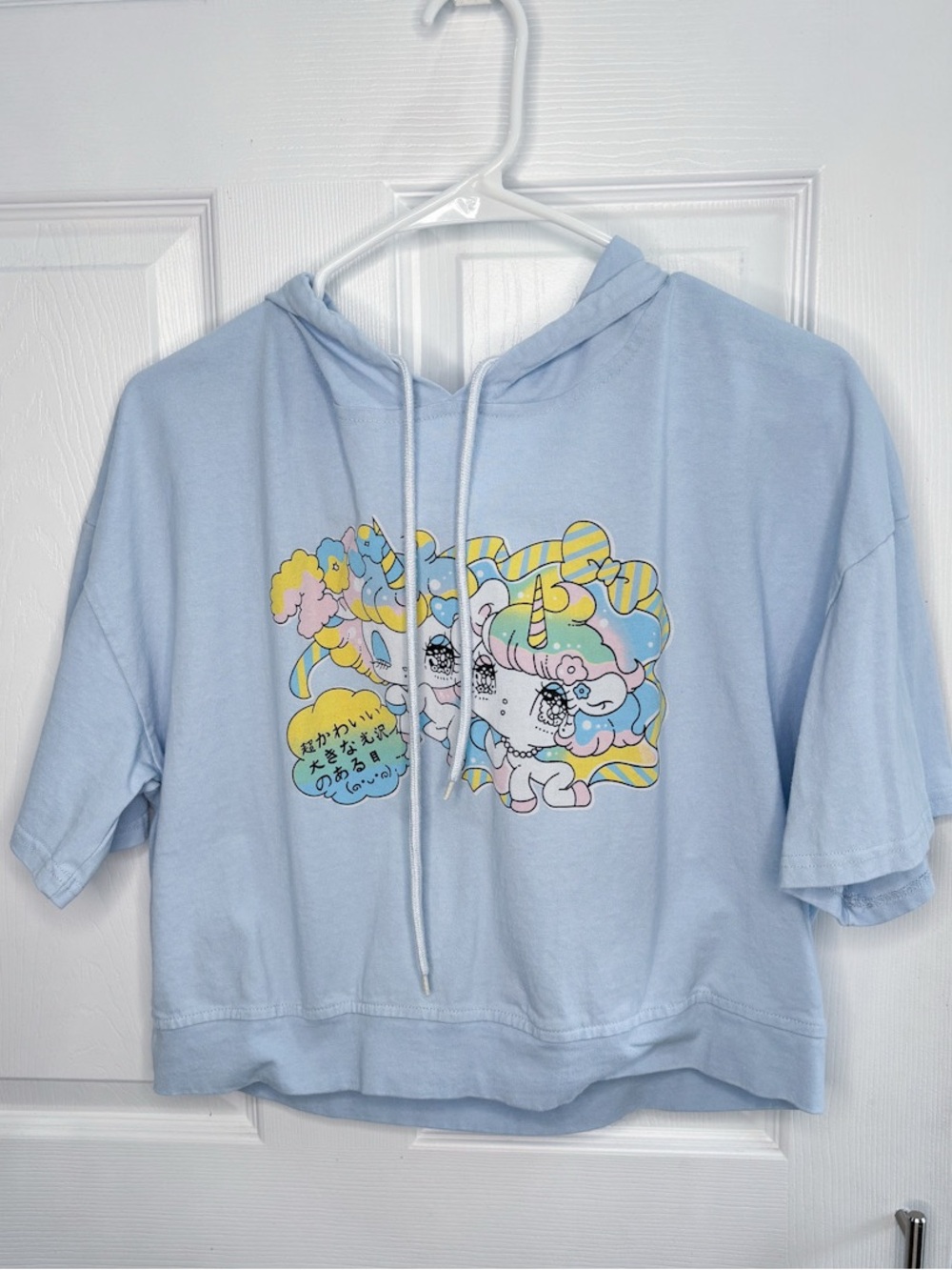 Light Blue Pastel Unicorn Hooded Cropped Kawaii Jfashion T-shirt